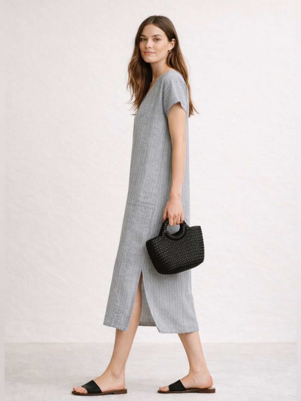 Two Days Off Clothing The Haruko Linen Shift Midi Dress Side Slits Size Small